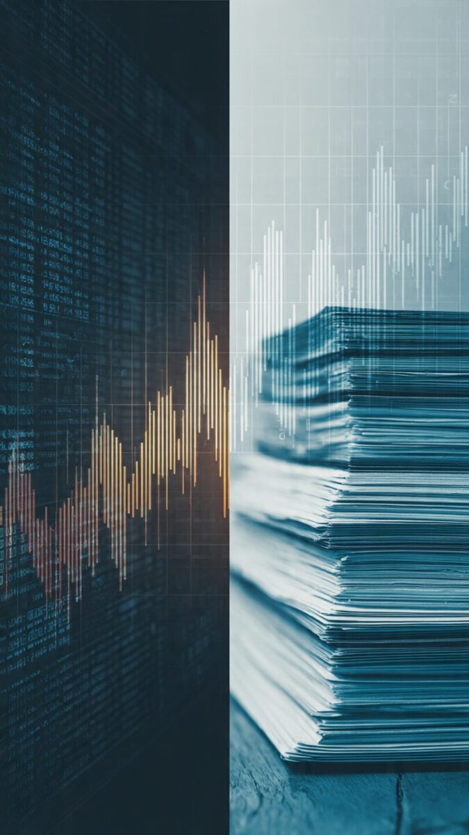 A split-screen image showing one side with rising stock-min